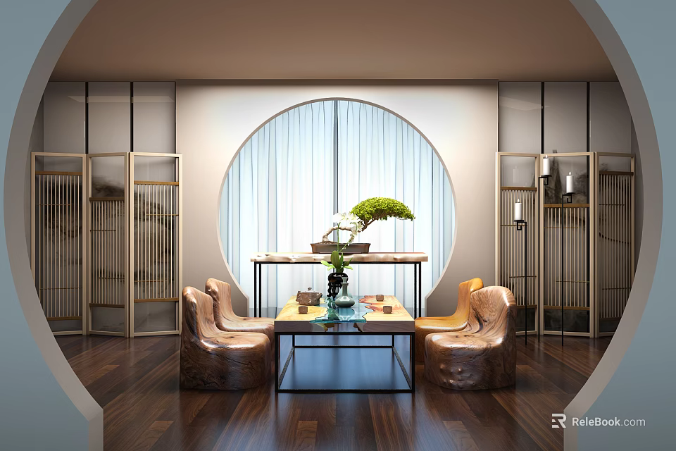 Modern Luxury Tea Table And Chairs With Round Window Wood Floor Green Plant Gold Screens 3d model 