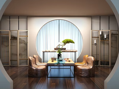 Modern Luxury Tea Table And Chairs With Round Window Wood Floor Green Plant Gold Screens 3d model