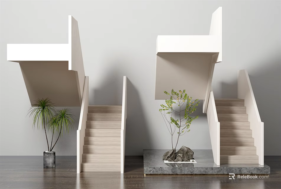 White Stairs Interior Design with Green Plants Marble Base and Stones 3d model 