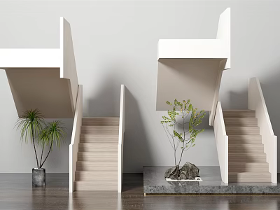 White Stairs Interior Design with Green Plants Marble Base and Stones 3d model