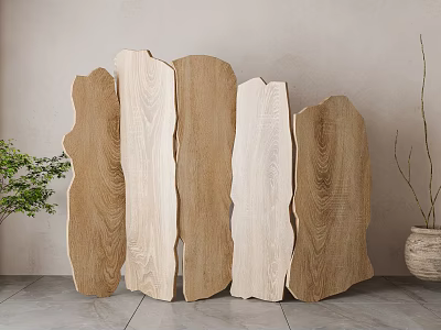 Natural Wooden Floor Lamp With Different Wood Textures And Green Plant Decor 3d model