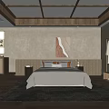 Chinese Style Hotel Guest Room With Wooden Ceiling Bed And Decorative Painting