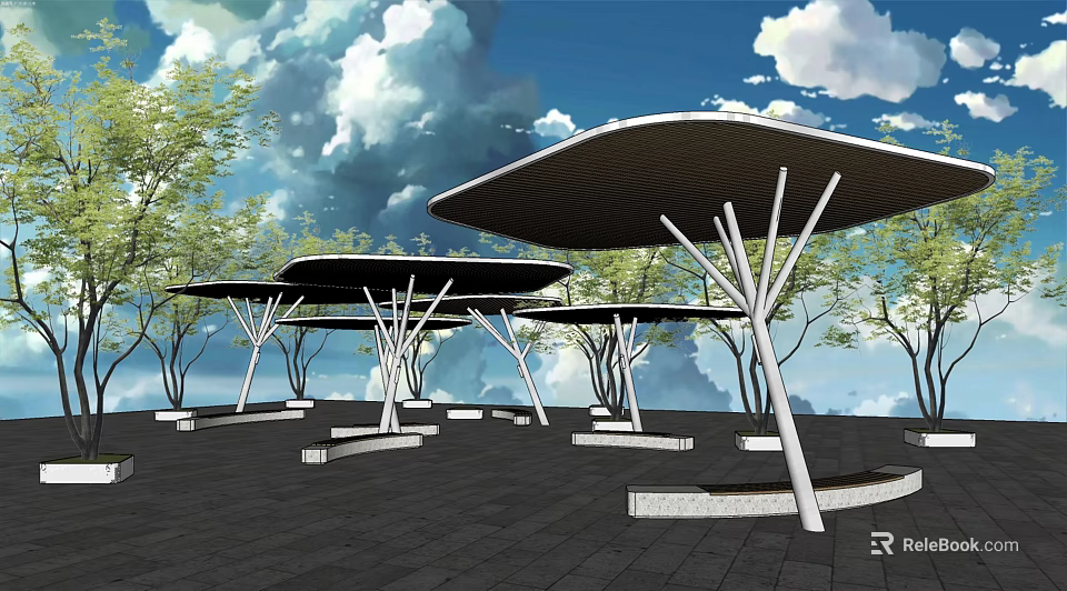 Modern Pergola Structure with Black Canopies White Supports Trees and Blue Sky View 3d model 