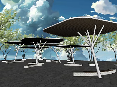 Modern Pergola Structure with Black Canopies White Supports Trees and Blue Sky View 3d model