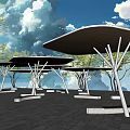 Modern Pergola Structure with Black Canopies White Supports Trees and Blue Sky View