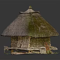 Traditional Thatched Roof Cottage With Wooden Structure Platform Base And Simple Doors Windows
