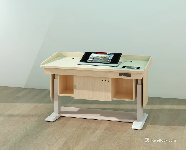 Light Wooden Functional Desk Featuring Open Storage Compartment And Tablet On Sleek Surface 3d model