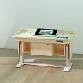 Light Wooden Functional Desk Featuring Open Storage Compartment And Tablet On Sleek Surface 3d model