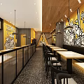 New Style Restaurant Interior With Graffiti Mural Wooden Chairs And Tables