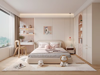 Cozy Kids Room Interior Design With Bed Stuffed Toys Desk Bookshelf Window And Soft Rug 3d model