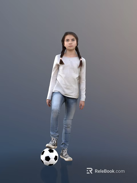 Child with Braided Pigtails Wearing White Long Sleeve Shirt Blue Jeans Sneakers Against Gray Background 3d model 