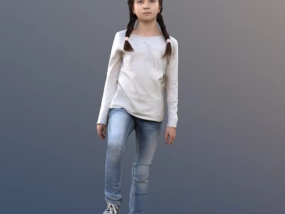 Child with Braided Pigtails Wearing White Long Sleeve Shirt Blue Jeans Sneakers Against Gray Background 3d model