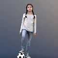 Child with Braided Pigtails Wearing White Long Sleeve Shirt Blue Jeans Sneakers Against Gray Background