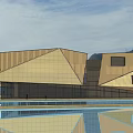 Modern Geometric Architecture With Wooden Facade Mountain View Water Reflection And Visitors