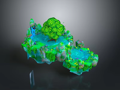 3D Fantasy Landscape With Floating Island Green Trees Blue Water And Rocks 3d model