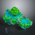 3D Fantasy Landscape With Floating Island Green Trees Blue Water And Rocks