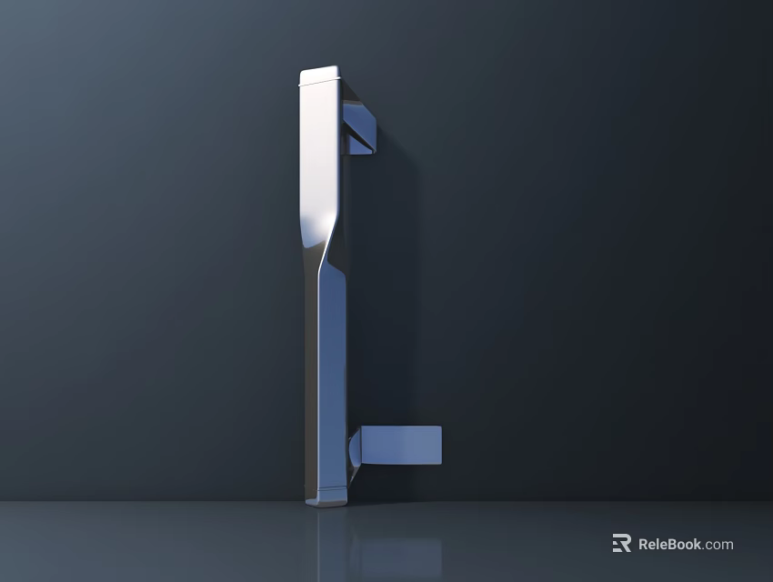 Modern Silver Door Handle Mounted on Dark Door with Smooth Surface and Reflective Floor 3d model 