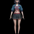 Woman With Blue Hair In Blue Top Red Neckerchief Black Skirt Standing In Mountain Landscape