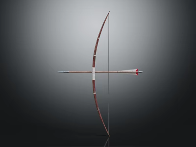 Traditional Bow And Arrow Weapon With Wooden Frame And Red Tipped Arrowhead Design 3d model