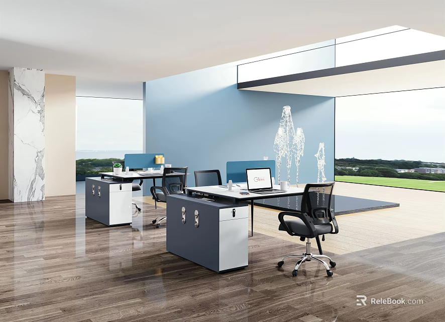 Modern Office Desk With Black Chair Wooden Floor And Large Windows 3d model 