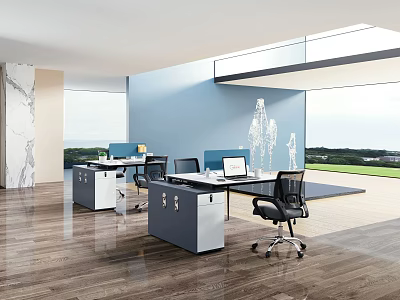 Modern Office Desk With Black Chair Wooden Floor And Large Windows 3d model