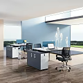 Modern Office Desk With Black Chair Wooden Floor And Large Windows