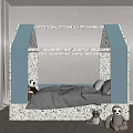 House Shaped Kids Bed with Blue White Mosaic Gray Bedding Green Blue Pillows Stuffed Toys