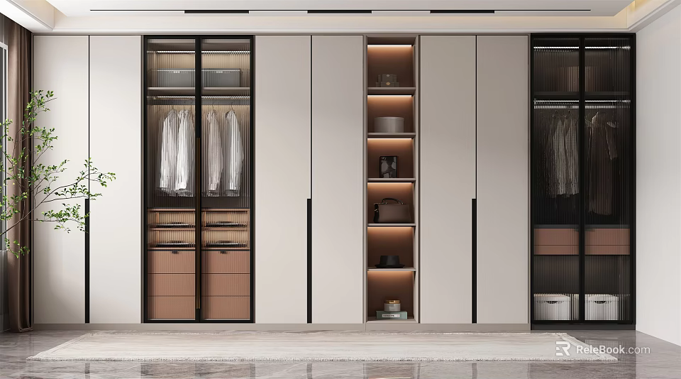 Modern Wardrobe Design Featuring Glass Door Panels Open Shelves with Lighting and Storage Compartments 3d model 
