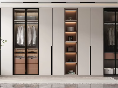 Modern Wardrobe Design Featuring Glass Door Panels Open Shelves with Lighting and Storage Compartments 3d model