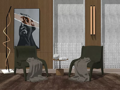 Modern Table and Chair Set Featuring Dark Green Chairs Gray Blankets Wooden Wall And Artwork 3d model