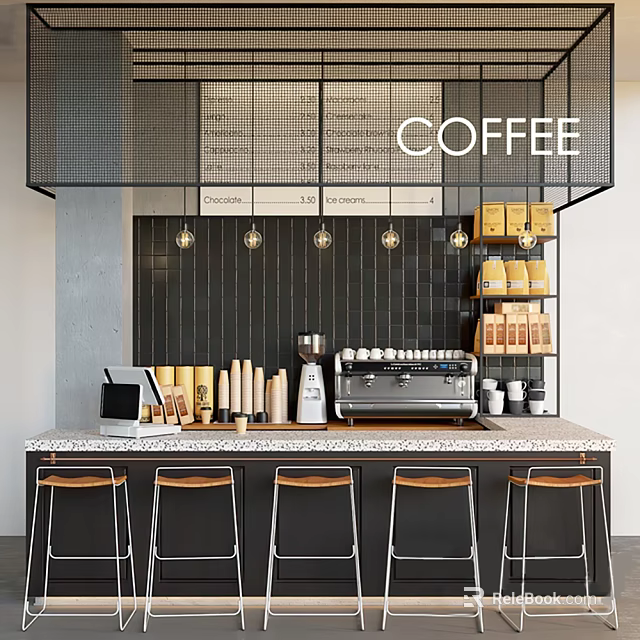 Coffee Bar Counter With Black Tiled Wall Grid Panel Pendant Lights And Stools 3d model