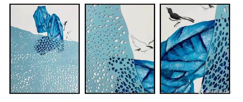 Abstract Painting In Blue Tones With Textured Patterns And Flying Bird Elements 3d model