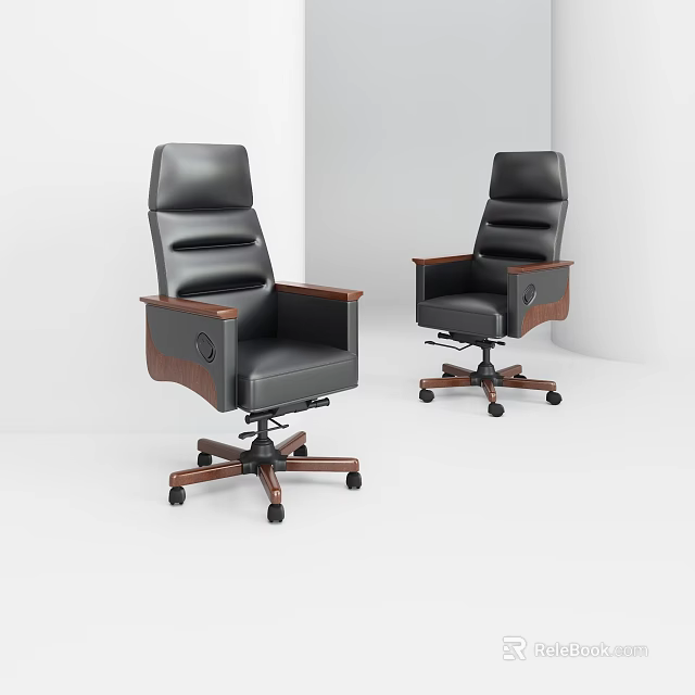 Black Leather Office Chair with High Back Wooden Armrests and Swivel Rolling Casters 3d model 