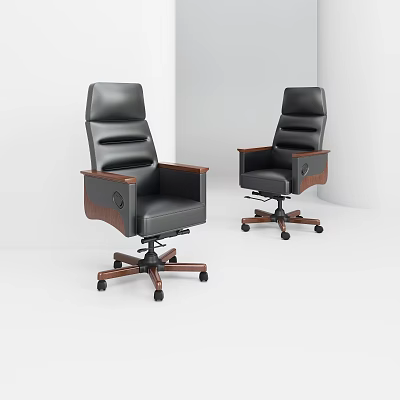 Black Leather Office Chair with High Back Wooden Armrests and Swivel Rolling Casters 3d model