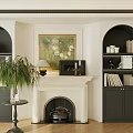 Black Arched Bookcase with Shelves in Living Room with Fireplace and Potted Plant