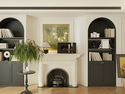 Black Arched Bookcase with Shelves in Living Room with Fireplace and Potted Plant 3d model