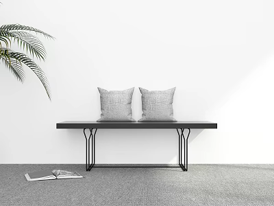 Minimalist Indoor Corner With White Wall Green Plant Black Bench Gray Cushions And Open Book 3d model