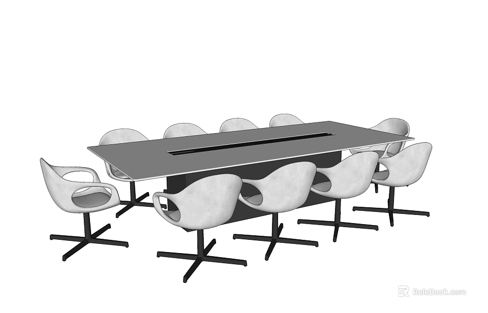 Modern Office Conference Table With Black Top And White Ergonomic Chairs 3d model 