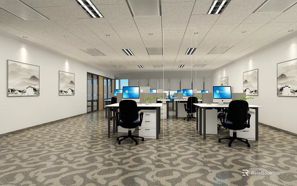Modern Public Office Space Interior With Desks Computers Ergonomic Chairs And Patterned Floor 3d model
