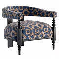 Ornate Blue And Gold Floral Pattern Armchair With Black Wooden Arms And Legs