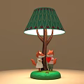 Cartoon Style Table Lamp With Green Wavy Lampshade And Red Accents Fox Figurines