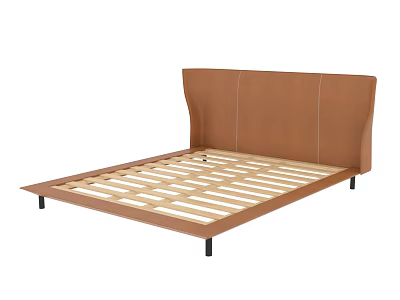Double Bed Frame With Brown Headboard Wooden Slat Support And Black Legs 3d model