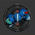 Blue Robot Character Figure With Red Accents Standing On Round Base