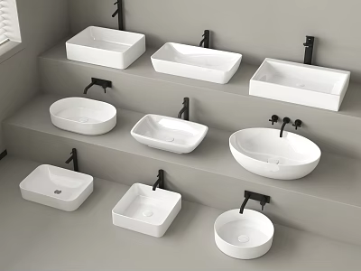 Modern Minimalist Bathroom Washbasins in Various Shapes with White Finish and Black Faucets 3d model