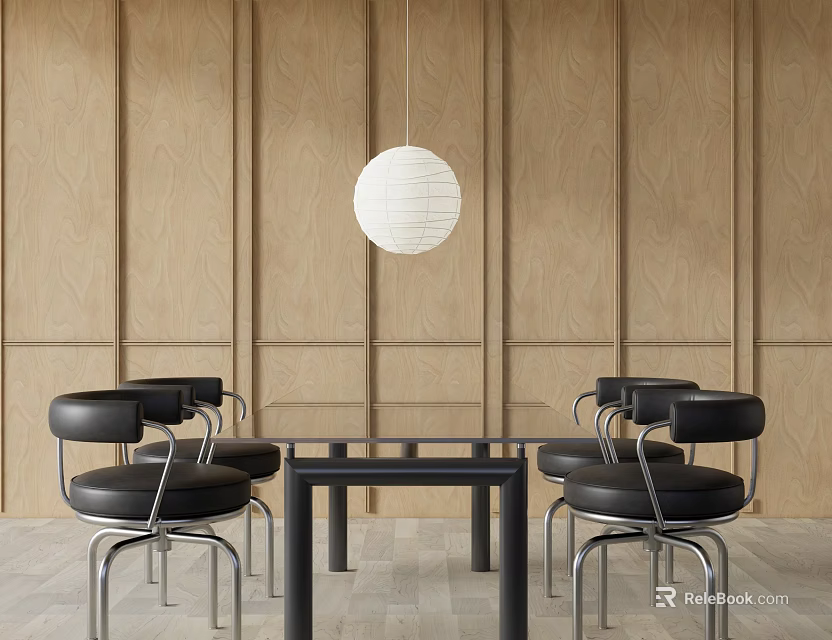 Modern Dining Table Set With Glass Top Black Leather Chairs And Wooden Wall Paneling 3d model 