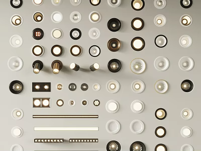 Various Styles Colors Designs Downlights And Spotlights Arranged On Gray Background 3d model