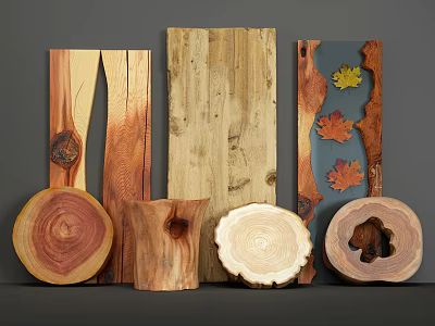 Natural Stone and Wood Decorative Boards with Autumn Leaves and Textured Surfaces 3d model