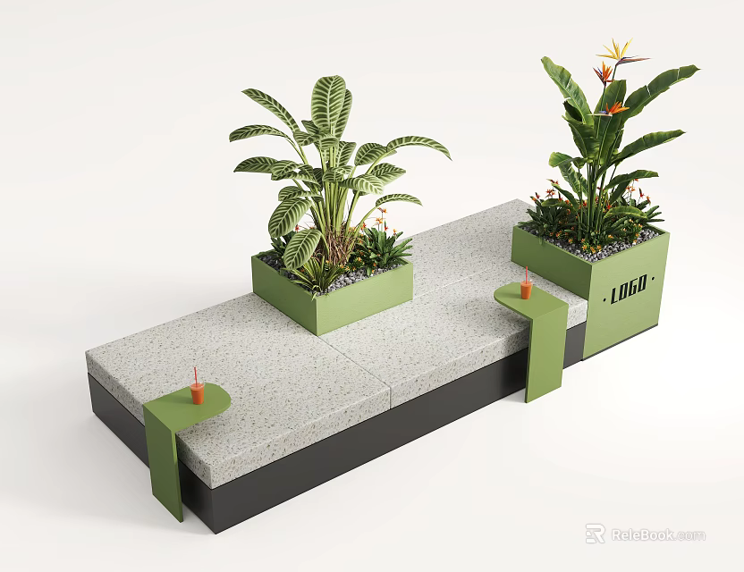 Modern Gray Outdoor Chair With Green Planters Tropical Plants And Orange Accents 3d model 