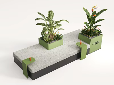 Modern Gray Outdoor Chair With Green Planters Tropical Plants And Orange Accents 3d model