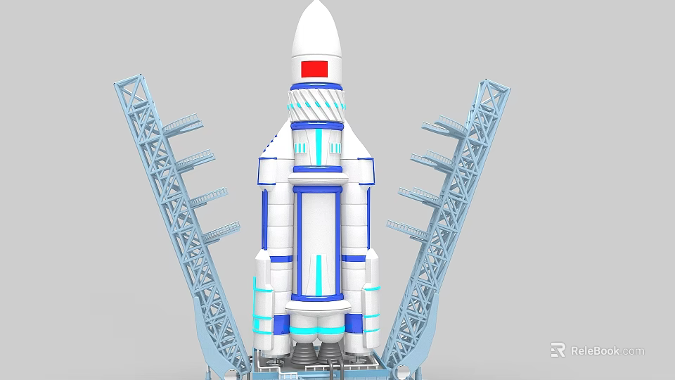 White And Blue Rocket Launch Vehicle With Red Emblem And Side Launch Towers 3d model 